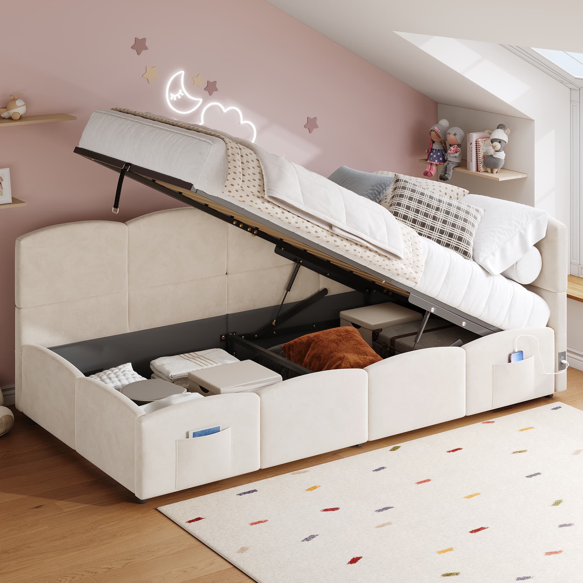 Upholstered Bed, Children's Bed, Single Bed, Storage Bed, Sofa Bed 90x200 Cm, With Slatted Frame, USB Charger, Storage Bag, Youth Bed And Adult-children's Bed, Velvet, Beige Without Mattress